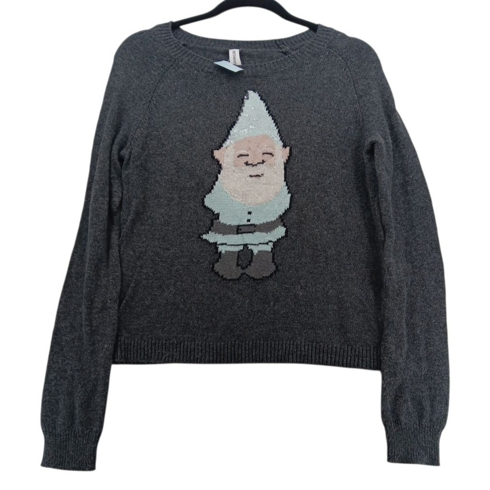 Christmas - Grey Women's Size Small Sweater with Baby Blue Gnome New Soft‎ Bling